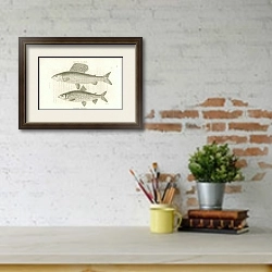 «Crayling Salmon, Gwiniad Salmon 1» в интерьере кабинета с кирпичными стенами над письменным столом