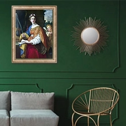 «Святая Сесилия» в интерьере классической гостиной с зеленой стеной над диваном