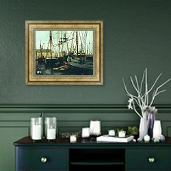 «Антверпен. 1854» в интерьере прихожей в зеленых тонах над комодом