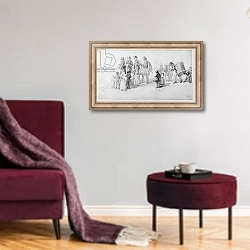 «London Street Band, 1839» в интерьере гостиной в бордовых тонах
