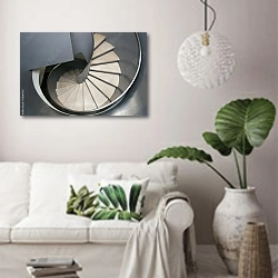 «Светлая спиральная лестница» в интерьере светлой гостиной в скандинавском стиле над диваном