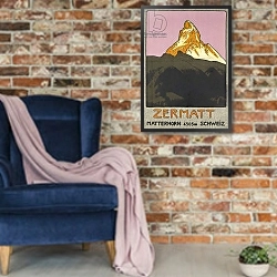 «Poster advertising Zermatt, Switzerland, 1908» в интерьере в стиле лофт с кирпичной стеной и синим креслом