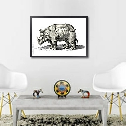 «Подробный рисунок носорога» в интерьере гостиной в этническом стиле над столом