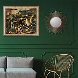 «Flood» в интерьере классической гостиной с зеленой стеной над диваном