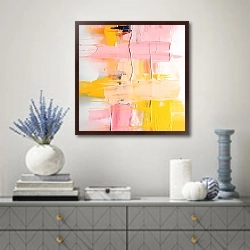 «Нежные полоски #абстракция #красивые линии #розово-желтый хаос» в интерьере современной гостиной с голубыми деталями