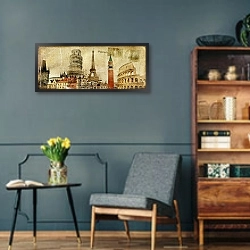 «Старинная почтовая открытка - европейские праздники» в интерьере гостиной в стиле ретро в серых тонах