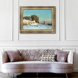 «Зимний пейзаж 8» в интерьере гостиной в оливковых тонах