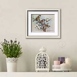 «British Birds - Treesparrow (Housesparrow)» в интерьере в стиле прованс с лавандой и свечами