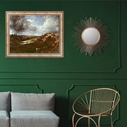 «Branch Hill Pond, Hampstead Heath, 1828» в интерьере классической гостиной с зеленой стеной над диваном