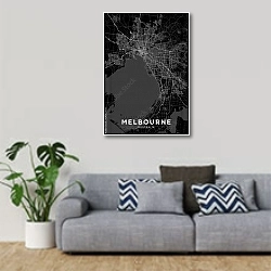 «Темная карта Мельбурна» в интерьере гостиной в скандинавском стиле с серым диваном