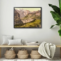 «Швейцария. Миттагхорн, долина Венгернальп» в интерьере комнаты в стиле ретро с плетеными корзинами