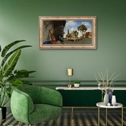 «Вид на Делфт» в интерьере гостиной в зеленых тонах