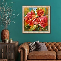 «Три красных розы в вазе » в интерьере гостиной с зеленой стеной над диваном