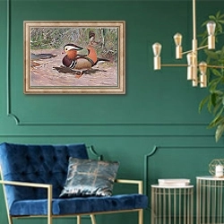 «Mandarin Duck, from Wildlife of the World published by Frederick Warne & Co, c.1900» в интерьере в классическом стиле с зеленой стеной