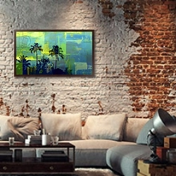 «Musical fragment,2019,» в интерьере гостиной в стиле лофт с кирпичной стеной