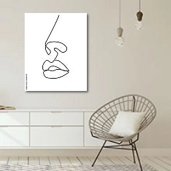 «Женское лицо из линий» в интерьере белой комнаты в скандинавском стиле над комодом