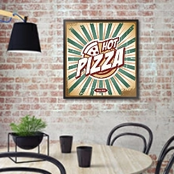 «Ретро вывеска для пиццерии» в интерьере кухни в стиле лофт с кирпичной стеной