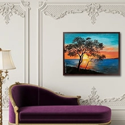 «Дерево возле озера на закате» в интерьере в классическом стиле над банкеткой