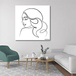 «Портрет девушки с красивой причёской» в интерьере гостиной в скандинавском стиле с зеленым креслом
