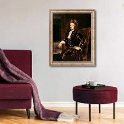 «Portrait of Sir Christopher Wren 1711» в интерьере гостиной в бордовых тонах