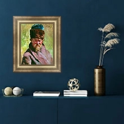 «Ямщик. 1900-е» в интерьере гостиной в зеленых тонах