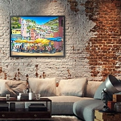 «Уличное кафе, Испания» в интерьере гостиной в стиле лофт с кирпичной стеной