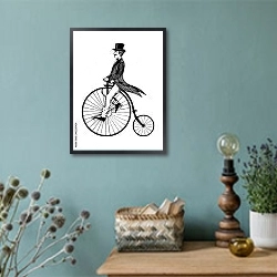 «Человек на ретро велосипеде» в интерьере в стиле ретро с бирюзовыми стенами