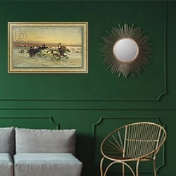 «A Galloping Winter Troika at Dawn» в интерьере классической гостиной с зеленой стеной над диваном