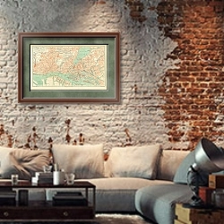 «План Бреста, Бельгия, конец 19 в.» в интерьере гостиной в стиле лофт с кирпичной стеной