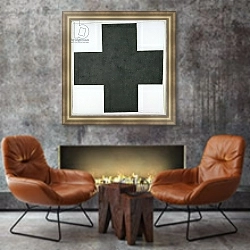 «Black Cross, c.1923» в интерьере гостиной в стиле лофт с кирпичной стеной