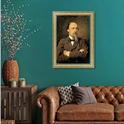 «Portrait of Nikolay Alekseyevich Nekrasov, 1877» в интерьере гостиной с зеленой стеной над диваном
