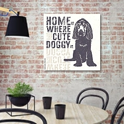 «Плакат с собакой» в интерьере кухни в стиле лофт с кирпичной стеной
