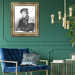 «Портрет А.Р.Томилова в форме ополченца. 1813» в интерьере классической гостиной с зеленой стеной над диваном