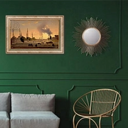 «The Racecourse at Constantinople» в интерьере классической гостиной с зеленой стеной над диваном
