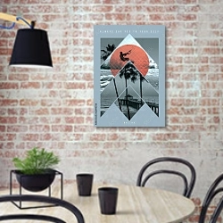 «Малибу, современный плакат» в интерьере кухни в стиле лофт с кирпичной стеной