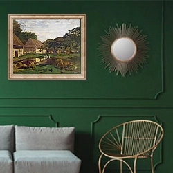 «A Farmyard in Normandy, c.1863» в интерьере классической гостиной с зеленой стеной над диваном