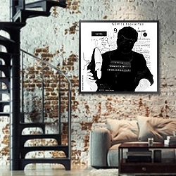 «Мужчина с ботинком» в интерьере двухярусной гостиной в стиле лофт с кирпичной стеной