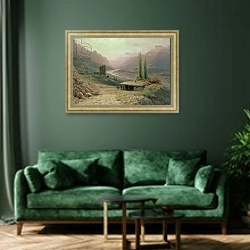 «Caucasian Canyon, 1893 1» в интерьере зеленой гостиной над диваном