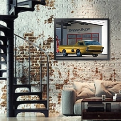«Dodge Pickup ''Deora'' '1965» в интерьере двухярусной гостиной в стиле лофт с кирпичной стеной