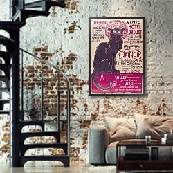 «Poster advertising an exhibition of the 'Collection du Chat Noir' cabaret at the Hotel Drouot, Paris, May 1898» в интерьере двухярусной гостиной в стиле лофт с кирпичной стеной