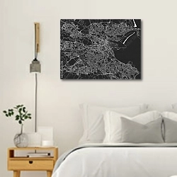 «План города Дублин, Ирландия, в черном цвете» в интерьере белой спальни в скандинавском стиле