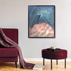 «Great Blue Heron 1» в интерьере гостиной в бордовых тонах
