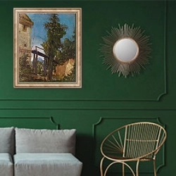 «Пейзаж с пешеходным мостиком» в интерьере классической гостиной с зеленой стеной над диваном