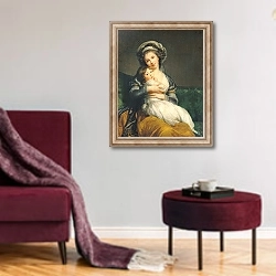 «Self portrait in a Turban with her Child, 1786» в интерьере гостиной в бордовых тонах