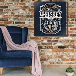 «Винтажная этикетка для виски» в интерьере в стиле лофт с кирпичной стеной и синим креслом