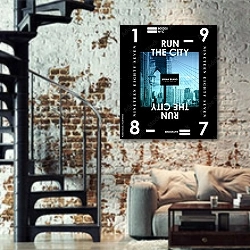 «Нью-Йорк, , современный плакат 5» в интерьере двухярусной гостиной в стиле лофт с кирпичной стеной