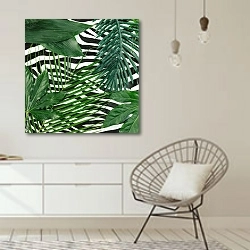 «Тропические листья на фоне текстуры зебры» в интерьере белой комнаты в скандинавском стиле над комодом