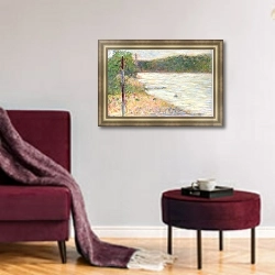 «Берег реки» в интерьере классической гостиной с зеленой стеной над диваном