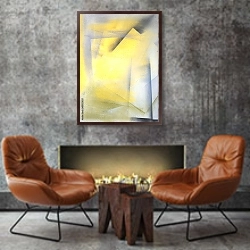 «Серо-жёлтая абстракция с квадратами» в интерьере в стиле лофт с бетонной стеной над камином
