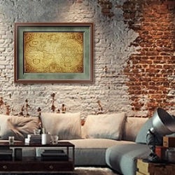 «Стилизованная карта мира, 1630» в интерьере гостиной в стиле лофт с кирпичной стеной